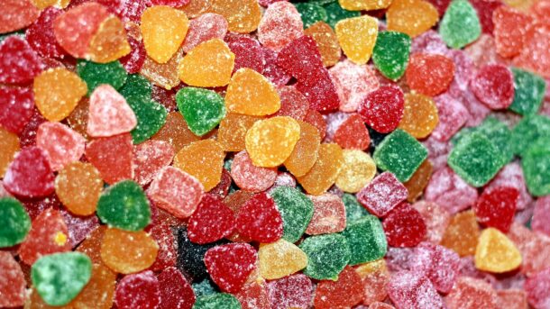 yellow red and pink heart shaped candies